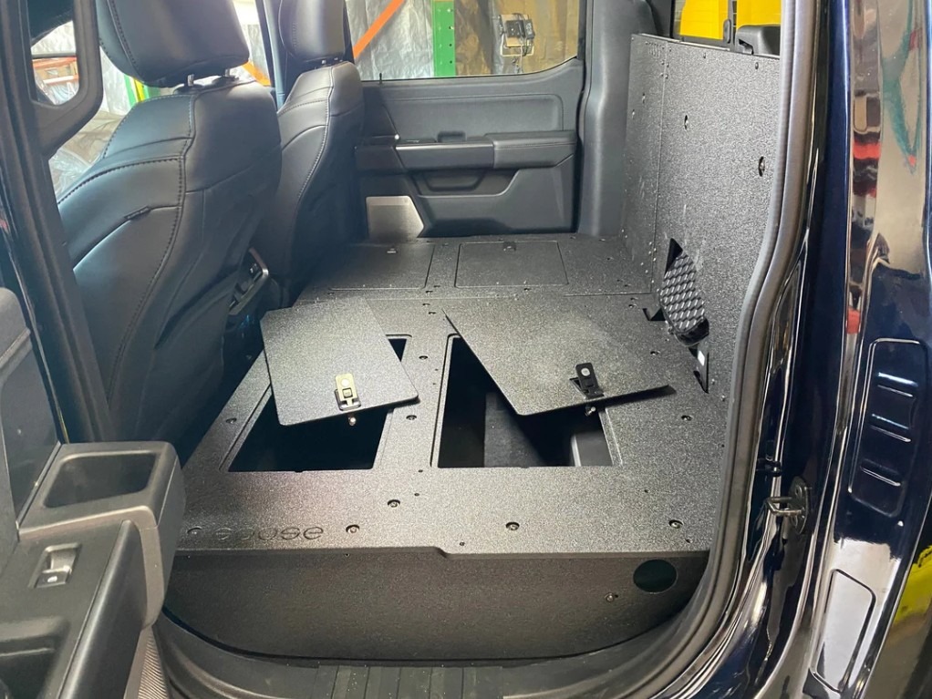 GOOSE GEAR | SECOND ROW SEAT DELETE PLATE SYSTEM | 60% DRIVER SIDE (W/FACTORY B&O SUBWOOFER CENTER WALL W/EXTERIOR PORT) | F150/RAPTOR SUPERCREW 2021+