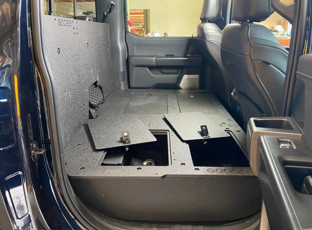 GOOSE GEAR | SECOND ROW SEAT DELETE PLATE SYSTEM | 60% DRIVER SIDE (W/FACTORY B&O SUBWOOFER CENTER WALL W/EXTERIOR PORT) | F150/RAPTOR SUPERCREW 2021+ - Image 3